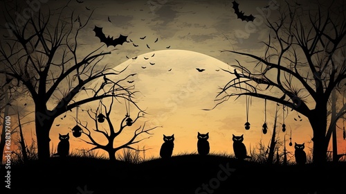 Captivating Halloween scene with spooky silhouettes of cats, owls, and trees.