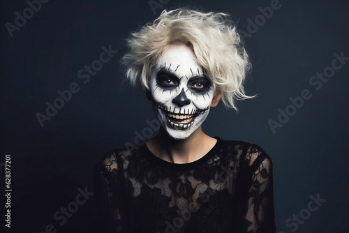 Halloween. Young beautiful girl on a dark background with a face painted for the holiday. Festive makeup for all saints day or halloween. © Anoo