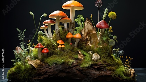 a group of mushrooms sitting on top of a lush green field.  generative ai © Anna