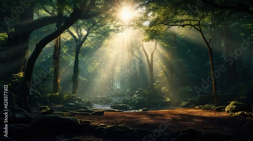  a sunbeam shines through the trees in a forest.  generative ai