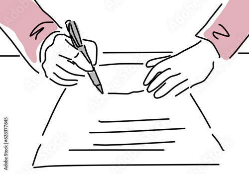 Fototapete 契約書にサインする女性の手のシンプル線画イラスト