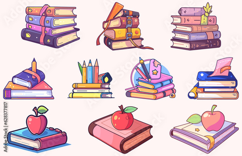 Back to School Book Vector Bundle, Book with apple illustration, book with pencil illustration