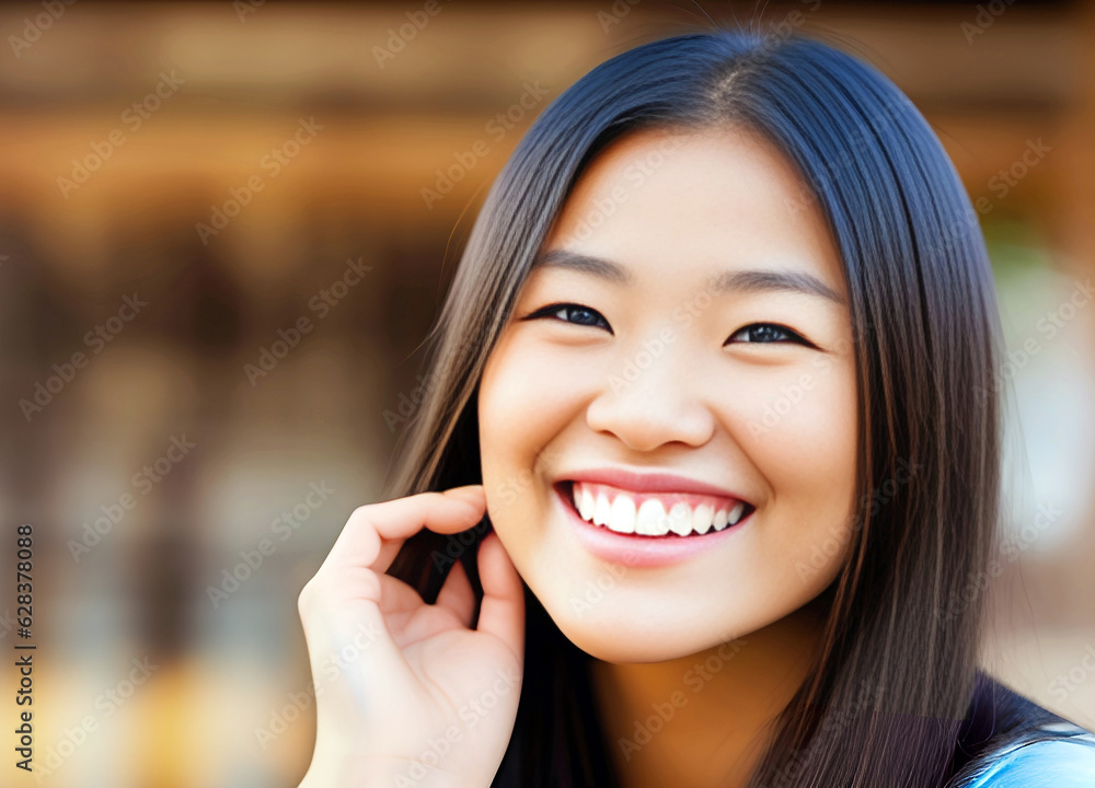 Closeup portrait of a beautiful young asian woman smiling and looking at camera Closeup portrait of a beautiful young asian woman smiling and looking at camera