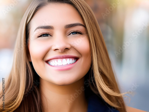 Close up portrait of a beautiful young woman with white teeth smiling