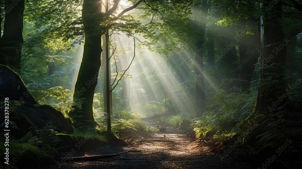 Obraz premium a path through a forest with sunbeams shining through the trees. generative ai