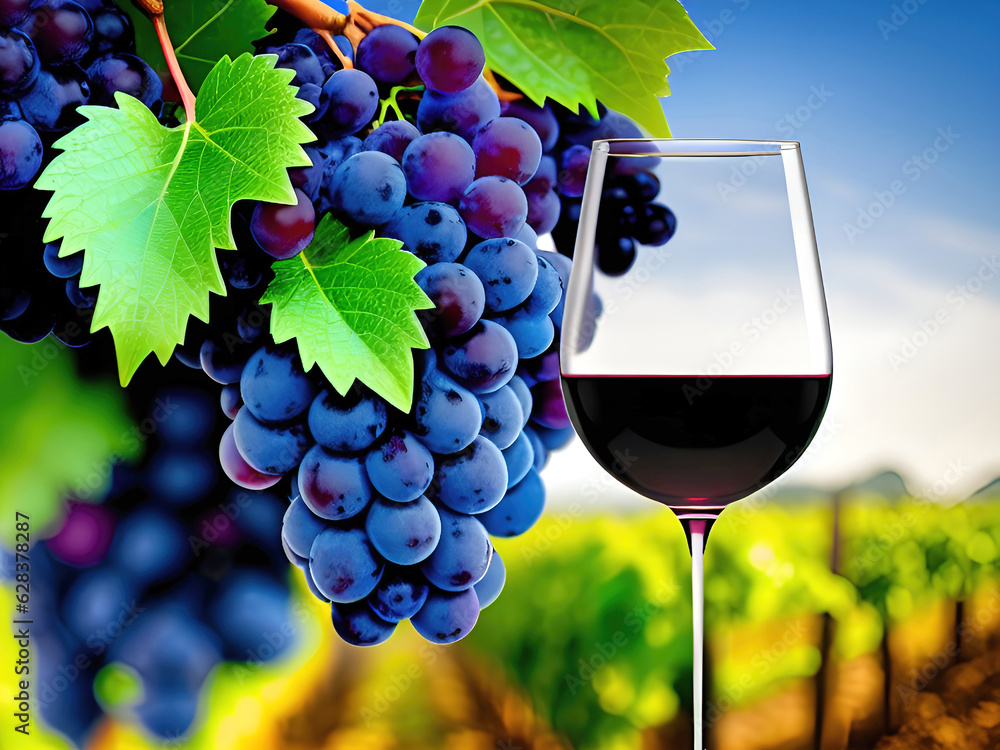 Wine glass and grapes on vineyard background Wine glass and grapes on vineyard background