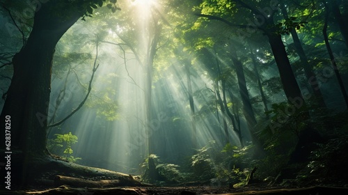  a sunbeam in the middle of a forest filled with trees.  generative ai