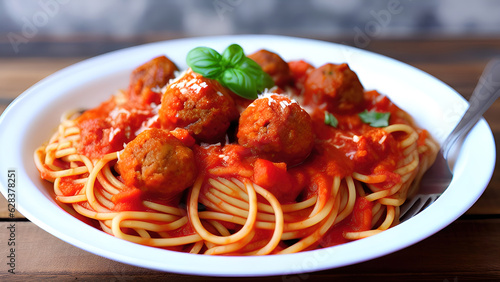 Spaghetti with meatballs and tomato sauce in plate on wooden table