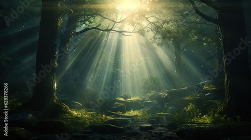  a sunbeam in the middle of a forest filled with trees. generative ai
