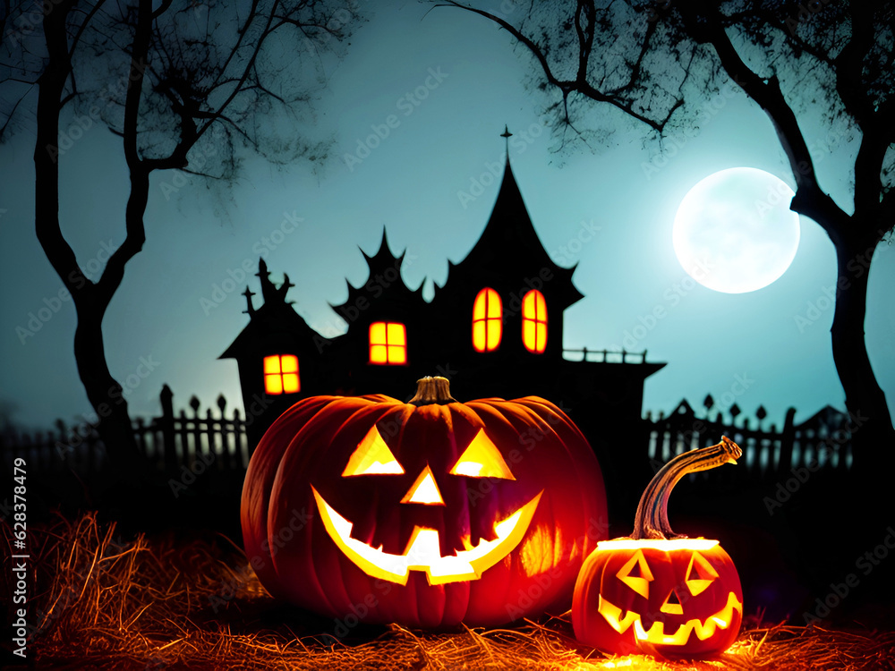Halloween spooky house with pumpkins Halloween spooky house with pumpkins