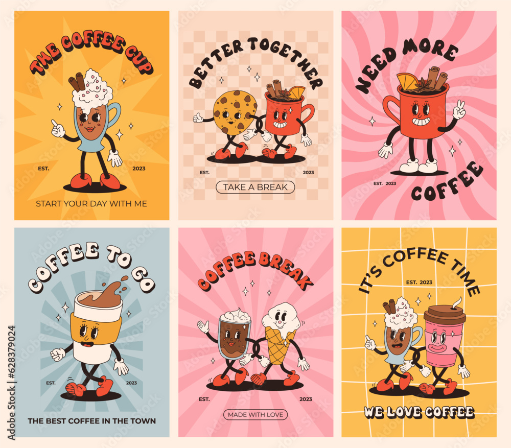 Collection of posters with cute cartoon characters of coffee takeaway and pastries donut, chocolate chip cookie, ice cream and cupcake. Desserts food and drink in retro groovy style Collection of posters with cute cartoon characters of coffee takeaway and pastries donut, chocolate chip cookie, ice cream and cupcake. Desserts food and drink in retro groovy style