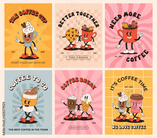 Collection of posters with cute cartoon characters of coffee takeaway and pastries donut, chocolate chip cookie, ice cream and cupcake. Desserts food and drink in retro groovy style