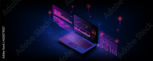 Abstract background image, laptop application concept with business graph and infographic chart analysis data. online statistics and data analysis