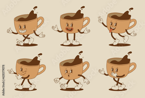 Retro cartoon coffee cup character set. Mug mascot in different poses. 70s-80s groovy contour vector illustration. Espresso black coffee cup.