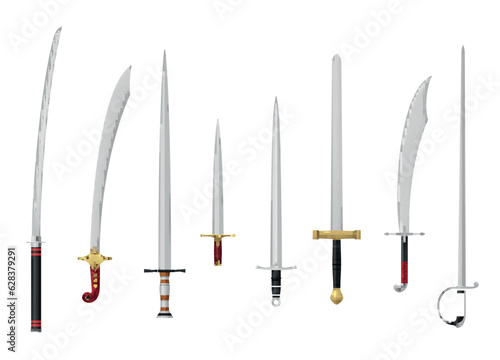 Swords and sabers set ornate handle ancient arm weapon for knight realistic vector illustration