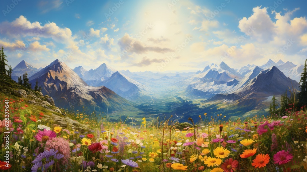  a painting of a mountain landscape with wildflowers in the foreground.  generative ai