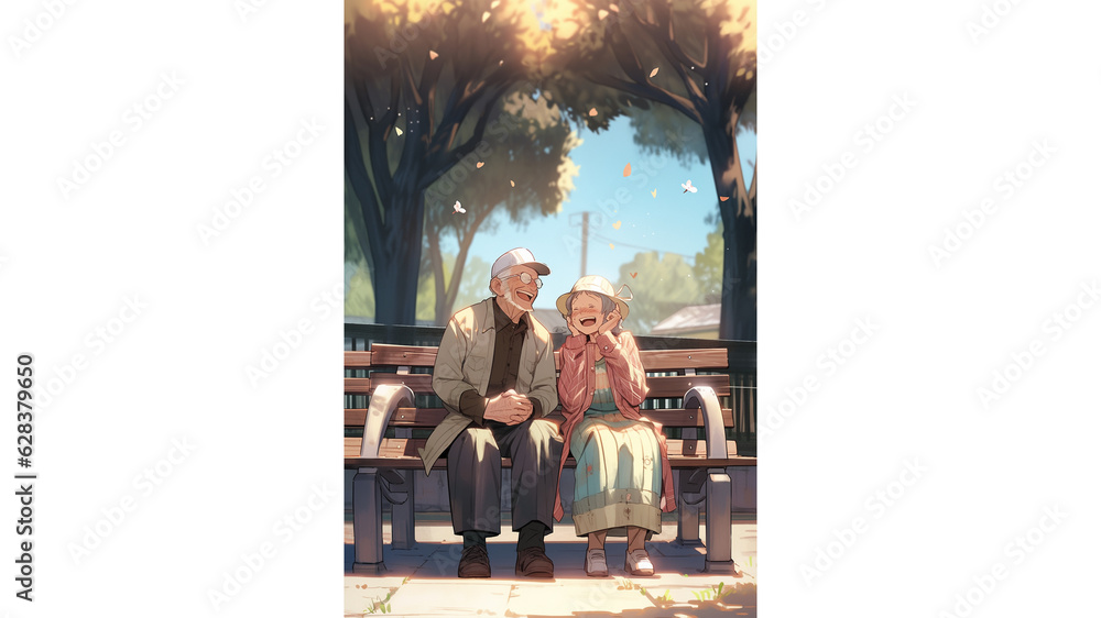 公園のベンチで笑う老夫婦　Generative AI	
