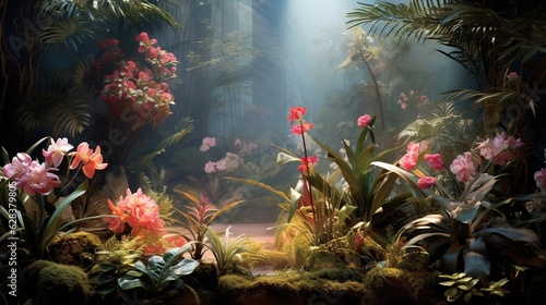  a painting of a tropical scene with flowers and plants in the foreground. generative ai