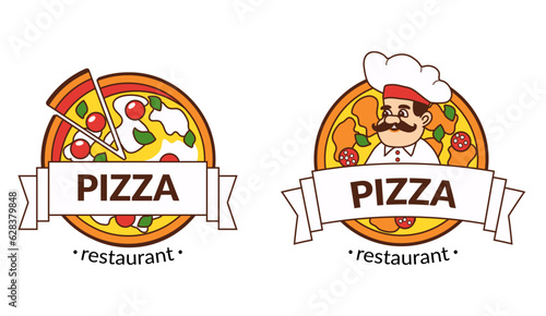 vector set of ready-made logos for pizzeria with image of pizza and chef