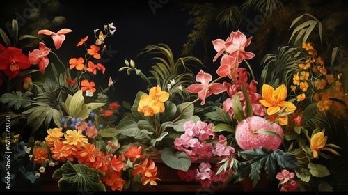  a painting of flowers in a vase on a table with a dark background. generative ai