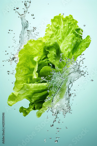 Green lettuce leaves with splashes of water on a light background. Levitation.
