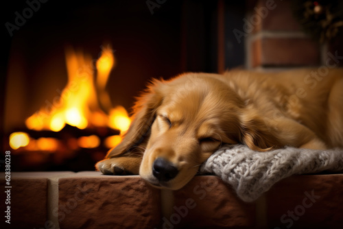 Cute Labrador puppy sleeping in front of the Christmas fireplace. A little golden retriever.