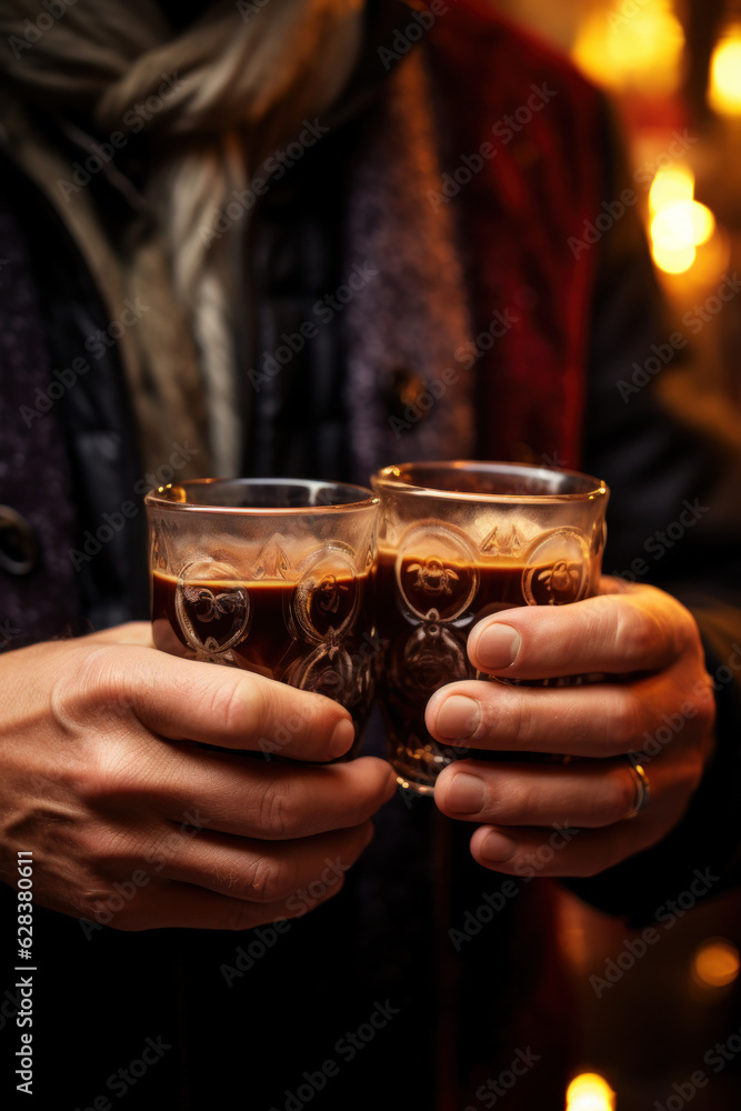 Close-up of hands holding two steaming glass mugs of hot coffee. Close-up of hands holding two steaming glass mugs of hot coffee.
