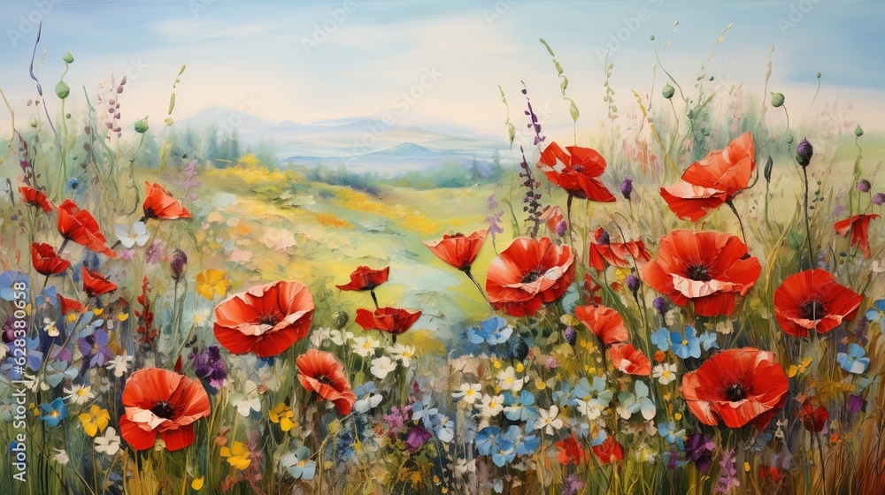 Obraz premium a painting of a field of flowers with mountains in the background. generative ai
