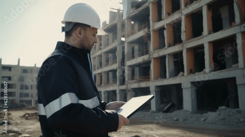 An engineer at a construction site in a white helmet with a tablet in his hands checks the work of the staff on the background of the construction site. The concept AI generated