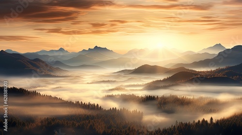  a painting of a sunset over a foggy mountain range. generative ai