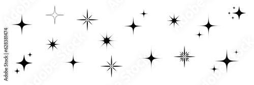 A set of star icons, a collection of illustrations of twinkling stars, sparks, a shining explosion.