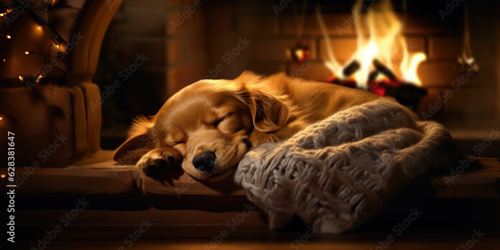 Cute Labrador puppy sleeping in front of the Christmas fireplace. A little golden retriever. Cute Labrador puppy sleeping in front of the Christmas fireplace. A little golden retriever.