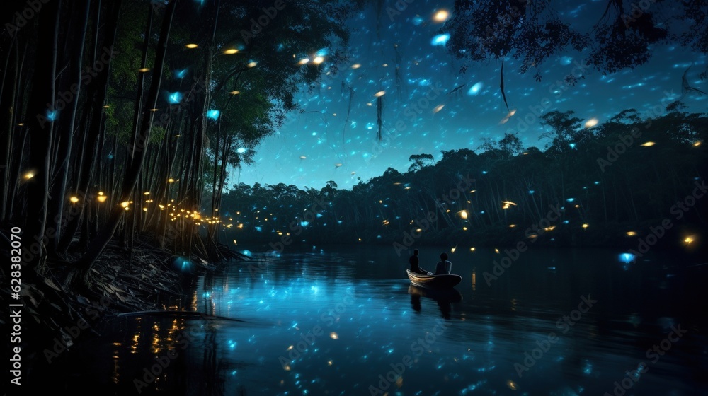  a person in a boat on a river with fireflies.  generative ai