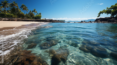 Tropical beach with rocks and palms on the island