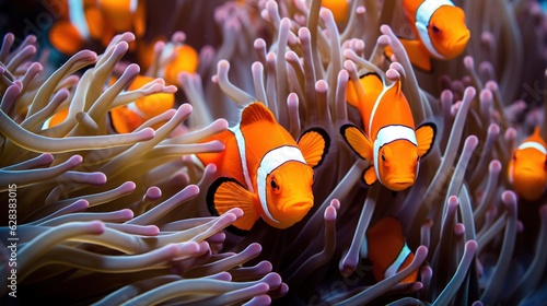 Obraz na płótnie a group of clown fish swimming around an anemone.  generative ai