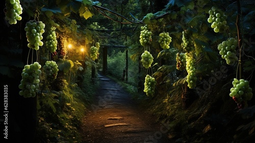  a path in a forest with grapes growing on it and a light shining on the grapes.  generative ai