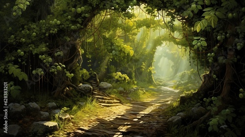  a painting of a path in a forest with sunlight coming through the trees. generative ai