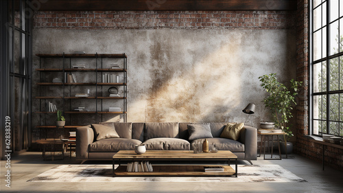 Living room interior in the loft, industrial style. Generative AI © Sewupari Studio