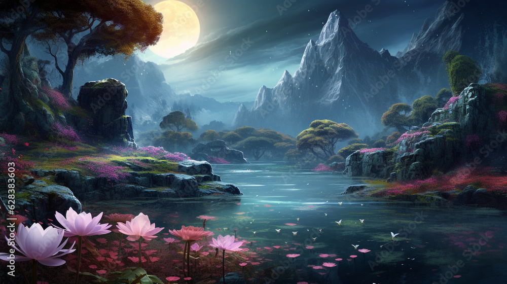 Fantasy landscape with a pond and flowers