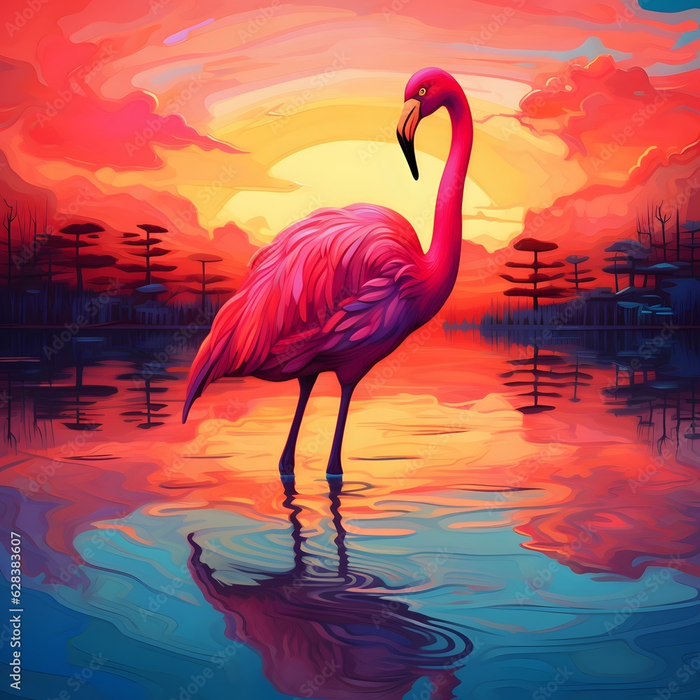 Fototapeta premium Exotic summer pink animal, flamingo covered with fresh spring flowers. Tropical background. Abstract animal concept.