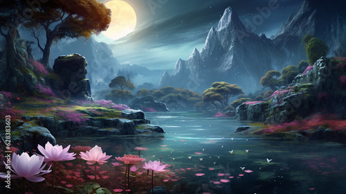 Fantasy landscape with a pond and flowers © Jharna
