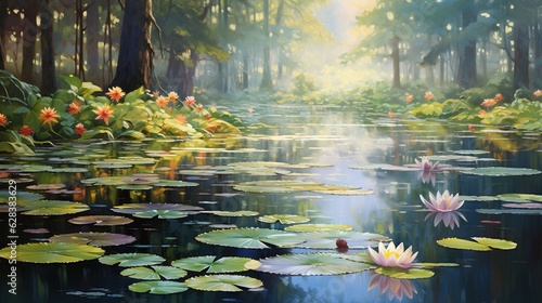 Tela a painting of lily pads and water lillies in a pond