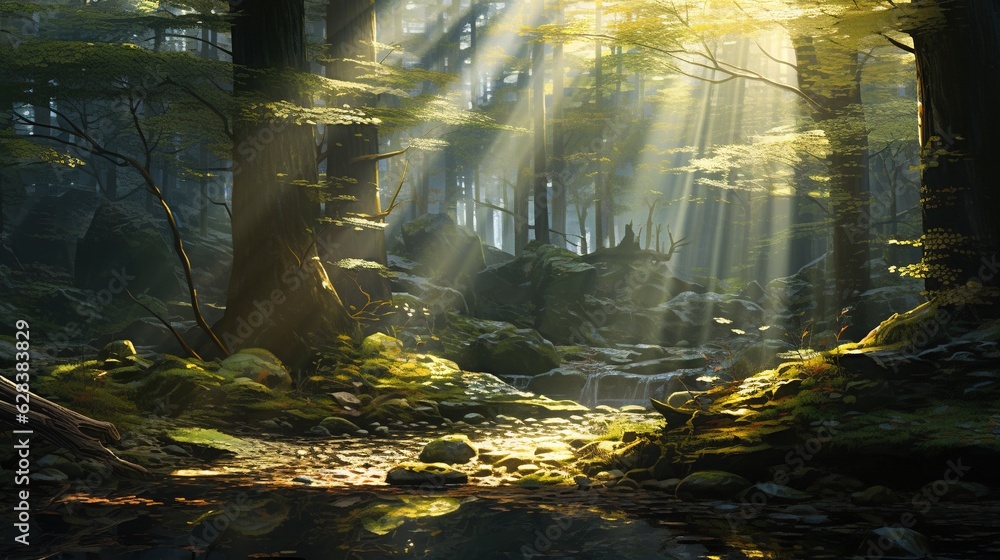  a painting of sunlight shining through the trees in a forest.  generative ai