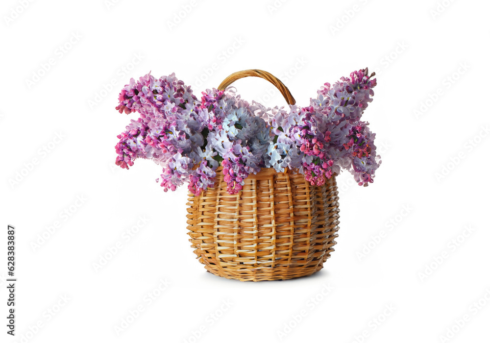Fototapeta premium beautiful lilac flowers in basket isolated on white MADE OF AI 