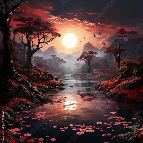 Fantasy landscape with red lotus flowers in the lake and a sunset