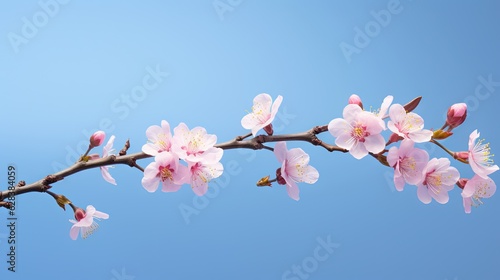  a branch of a tree with pink flowers on it against a blue sky.  generative ai