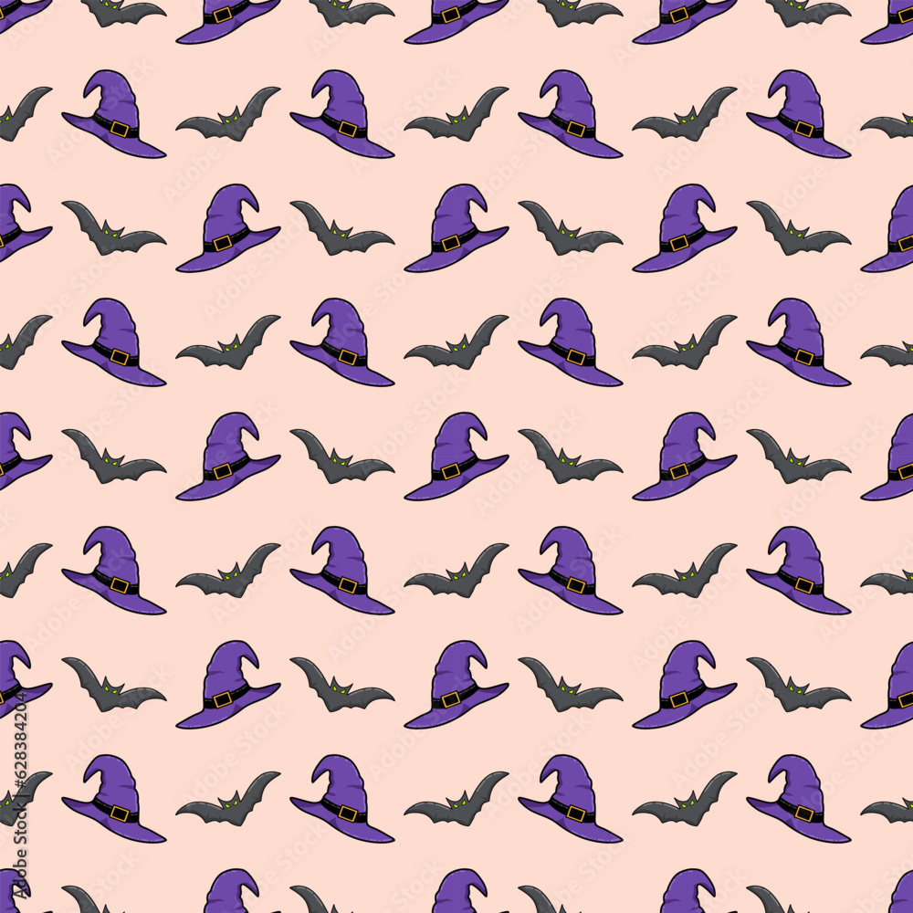 Seamless festive pattern with witch hats and black bats Seamless festive pattern with witch hats and black bats
