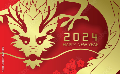 Chinese new year 2024 gold paper cut style card. Asian plum blossoms decorations. Year of the dragon banner design vector.