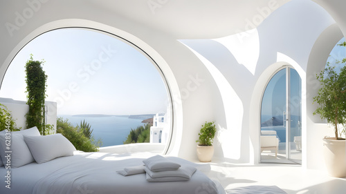 ギリシャのサントリーニ島、モダンなヴィラのベッドルーム、地中海スタイル｜Santorini island in Greece, modern villa bedroom, mediterranean style. Generative AI