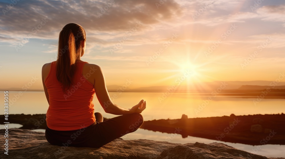 A Woman meditating. Sits on a rocky mountain top at the beautiful sunset, Generative Ai.